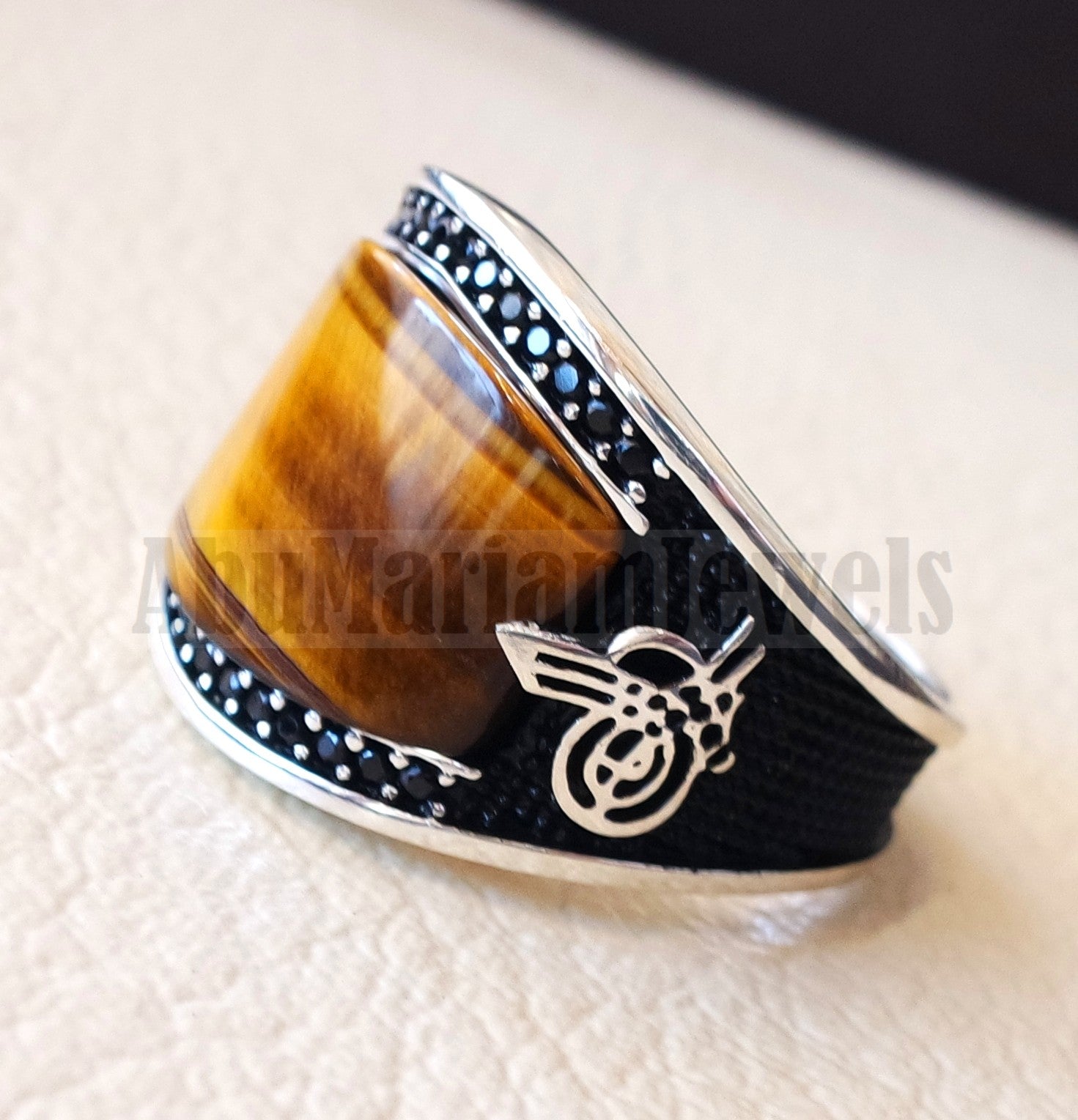 Tiger eye natural flat cushion stone man ring all sizes arabic Ottoman turkey antique style black zircon side setting