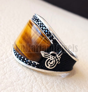 Tiger eye natural flat cushion stone man ring all sizes arabic Ottoman turkey antique style black zircon side setting