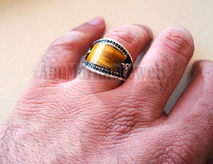 Tiger eye natural flat cushion stone man ring all sizes arabic Ottoman turkey antique style black zircon side setting