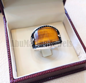 Tiger eye natural flat cushion stone man ring all sizes arabic Ottoman turkey antique style black zircon side setting