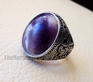 Amethyst agate natural purple stone sterling silver 925 man ring flowers nature ornaments style jewelry oval gem all sizes express shipping