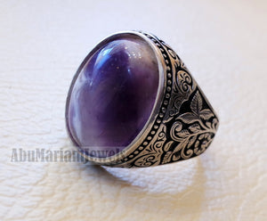 Amethyst agate natural purple stone sterling silver 925 man ring flowers nature ornaments style jewelry oval gem all sizes express shipping