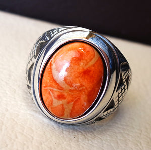 Éponge Coral Murjan Heavy Men Ring orange to Red Natural Stone sterling silver 925 Ottoman style turc toutes les tailles expédition rapide مرجان
