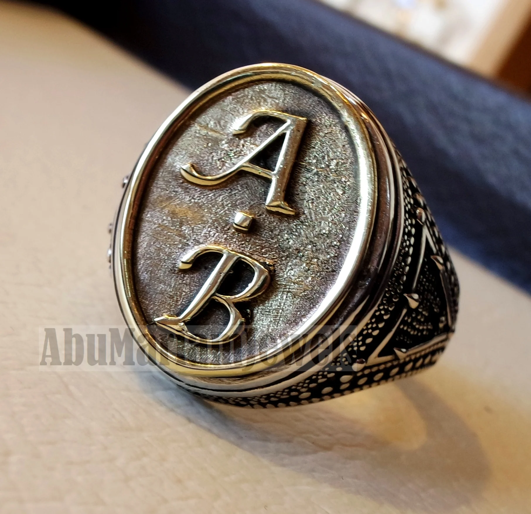 Initials Customized men ring personalized any 2 letters antique jewelry style sterling silver 925 and bronze any size In-1003