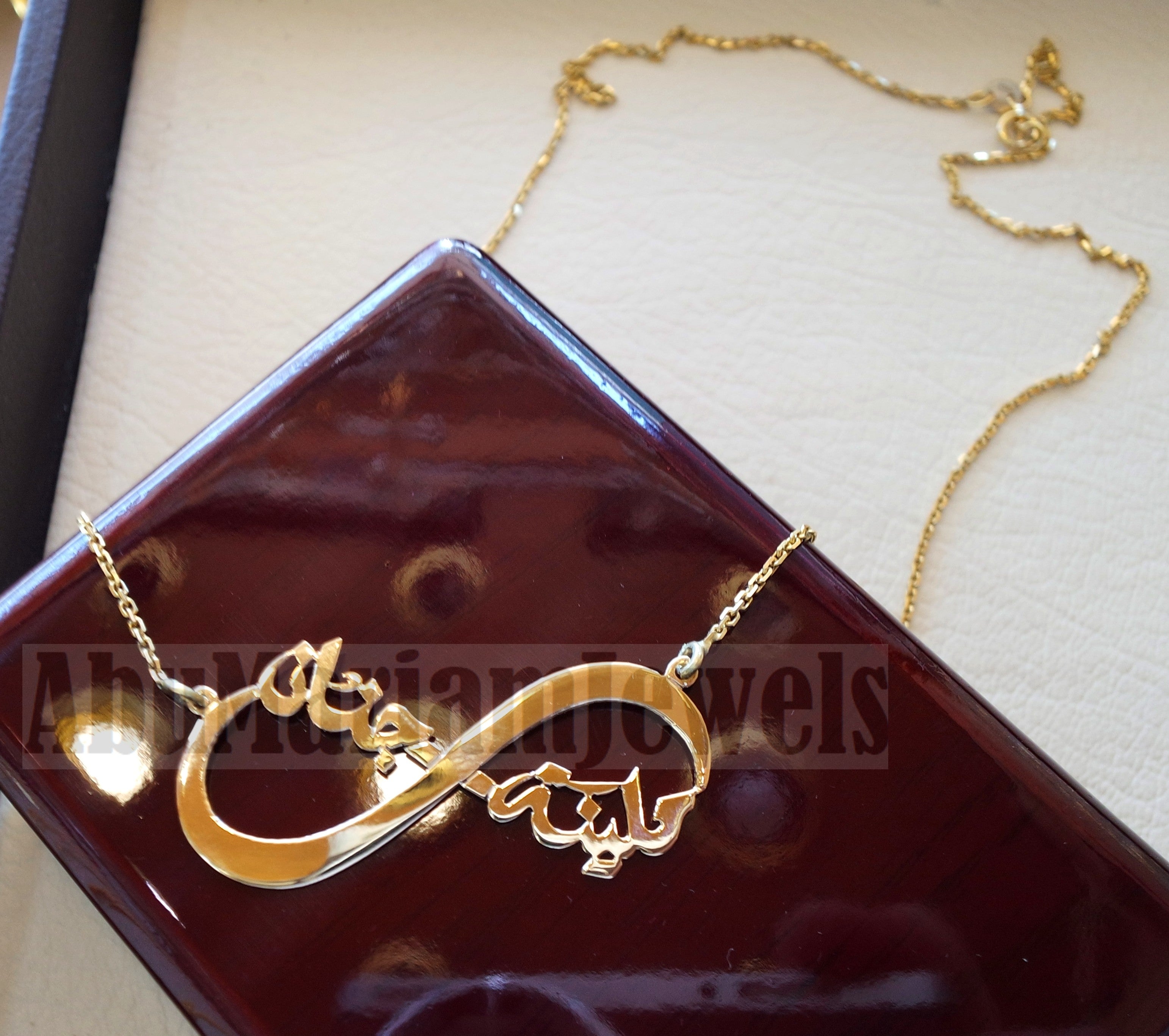 personalized customized 2 names 18 k gold arabic calligraphy pendant with chain infinity pear round rectangular any shape fine jewelry I-102