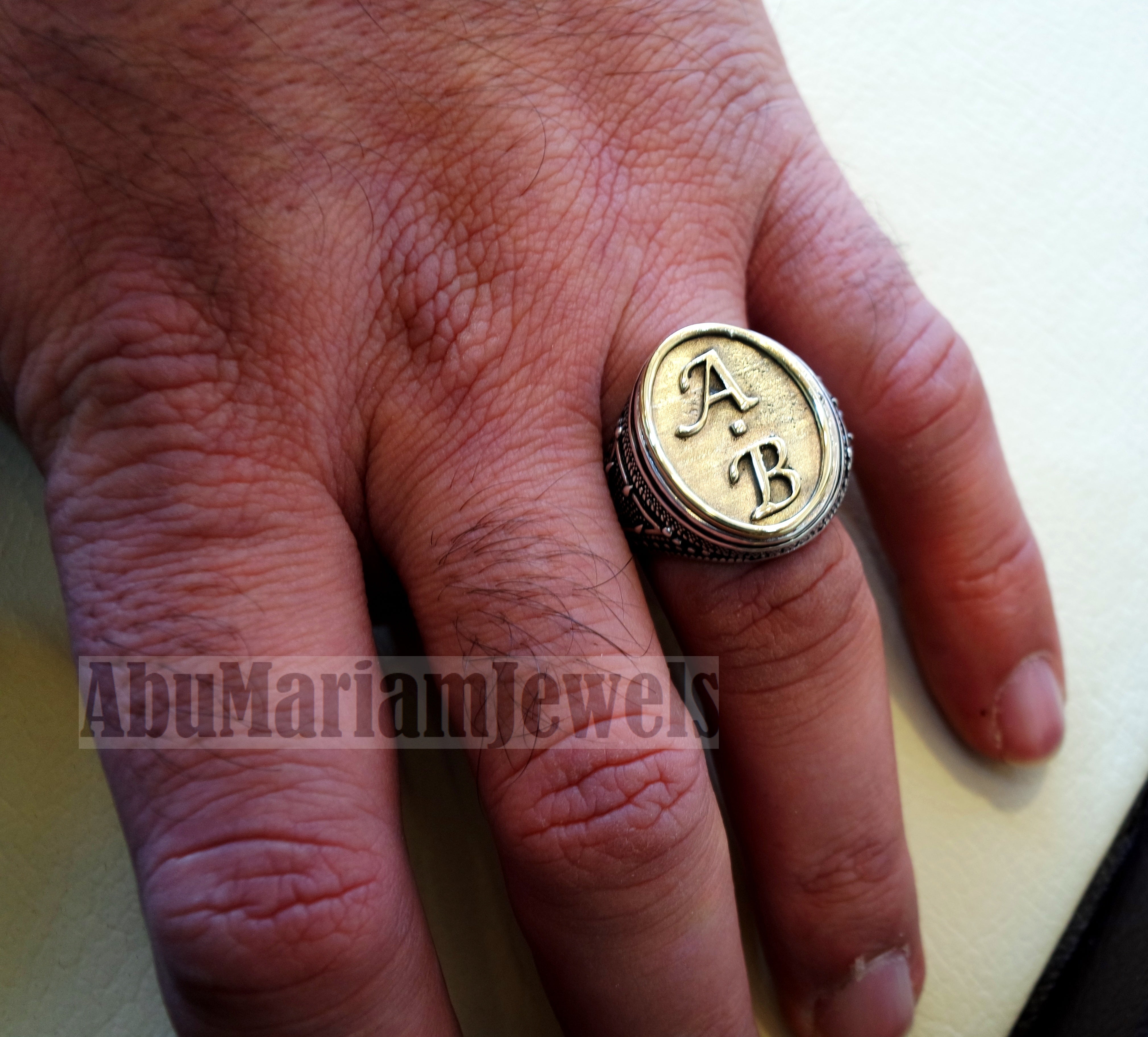 Initials Customized men ring personalized any 2 letters antique jewelry style sterling silver 925 and bronze any size In-1003