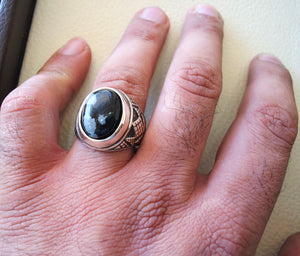 Flocons d'obsidienne noir Aqeeq Heavy homme anneau naturel en pierre Sterling argent 925 Vintage style turc toutes les tailles expédition rapide