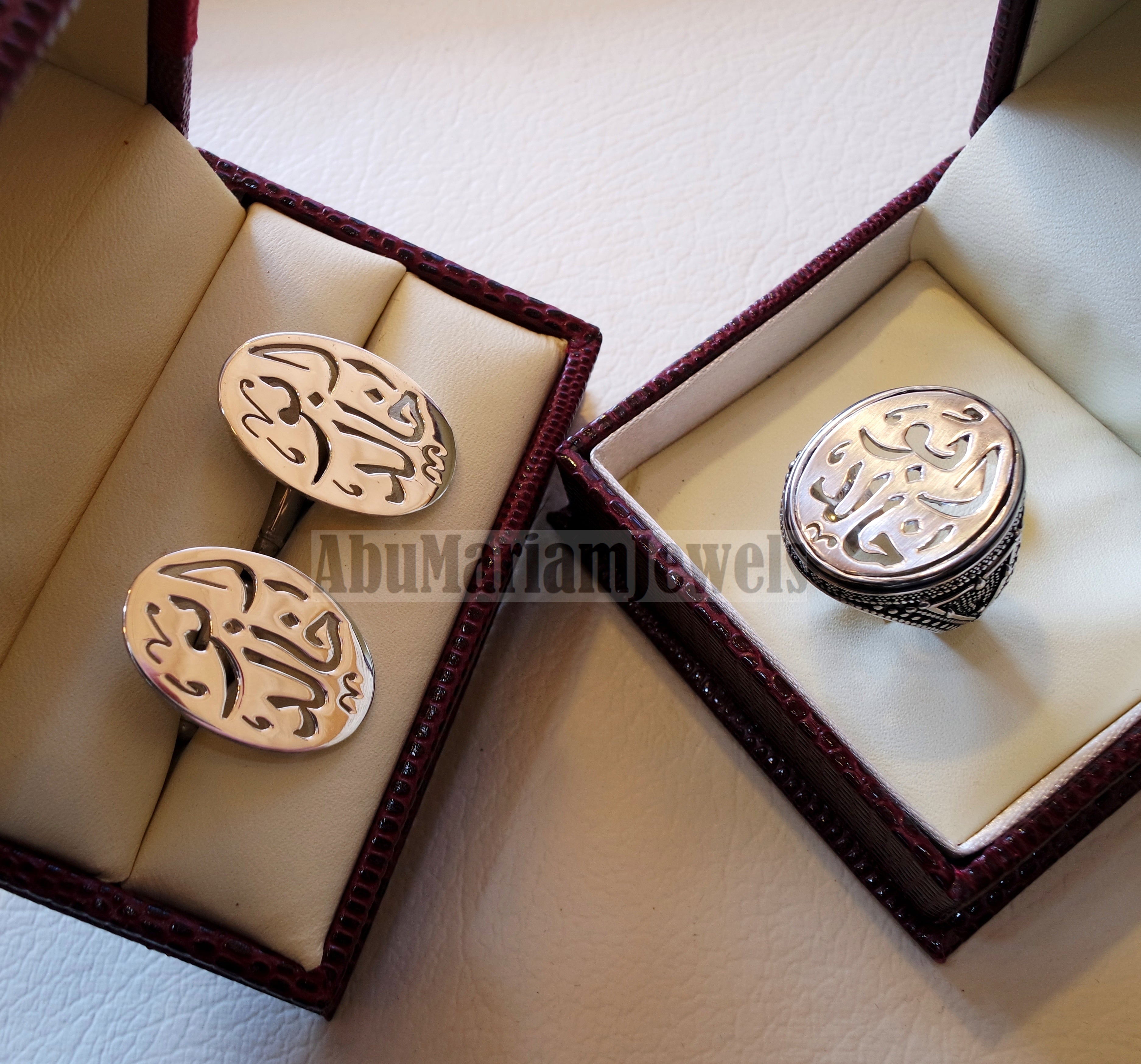 Man set , cufflinks and ring name of two words each calligraphy arabic customized made to order sterling silver 925 heavy men jewelry MS001