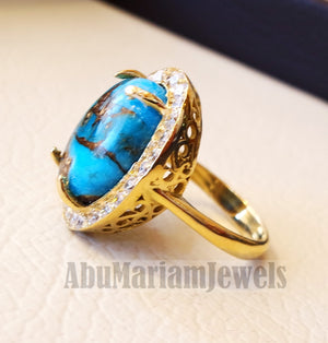 Women 18K gold naural copper turquoise ladies ring cabochon oval stone all sizes jewelry classic style white cubic zircon around