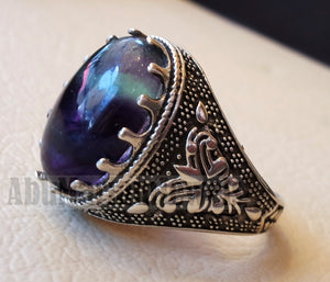 natural multi color fluorite purple blue green huge men ring sterling silver 925 mind clarity stone all sizes jewelry fast shipping