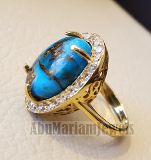 Women 18K gold naural copper turquoise ladies ring cabochon oval stone all sizes jewelry classic style white cubic zircon around