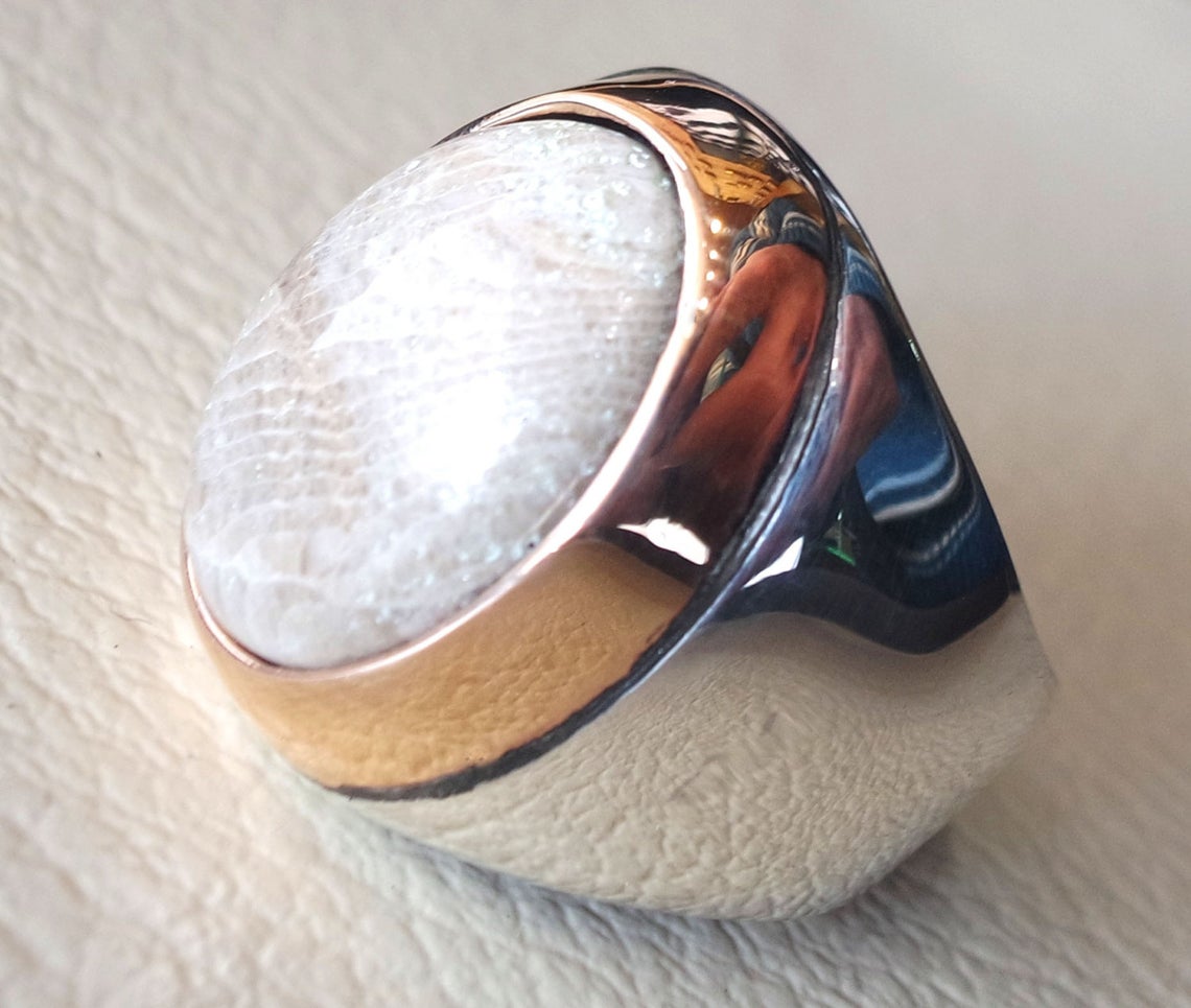fossil coral brown natural stone semi precious huge ring sterling – Abu Mariam Jewelry