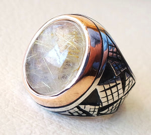 Rutile quartz natural stone semi precious oval cabochon sterling silver 925 man ring ottoman turkey middle eastern antique style any size