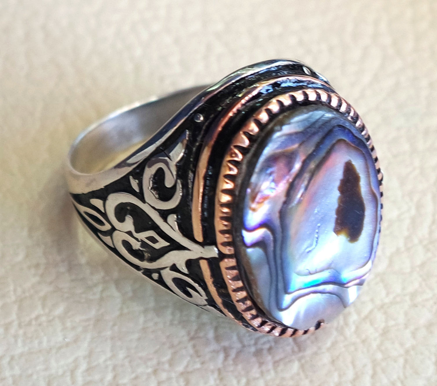 coquille d'ormeau couleur lourde anneau en argent sterling pouf style toutes tailles bijoux homme unique cadeau toutes tailles livraison rapide bronze cadre