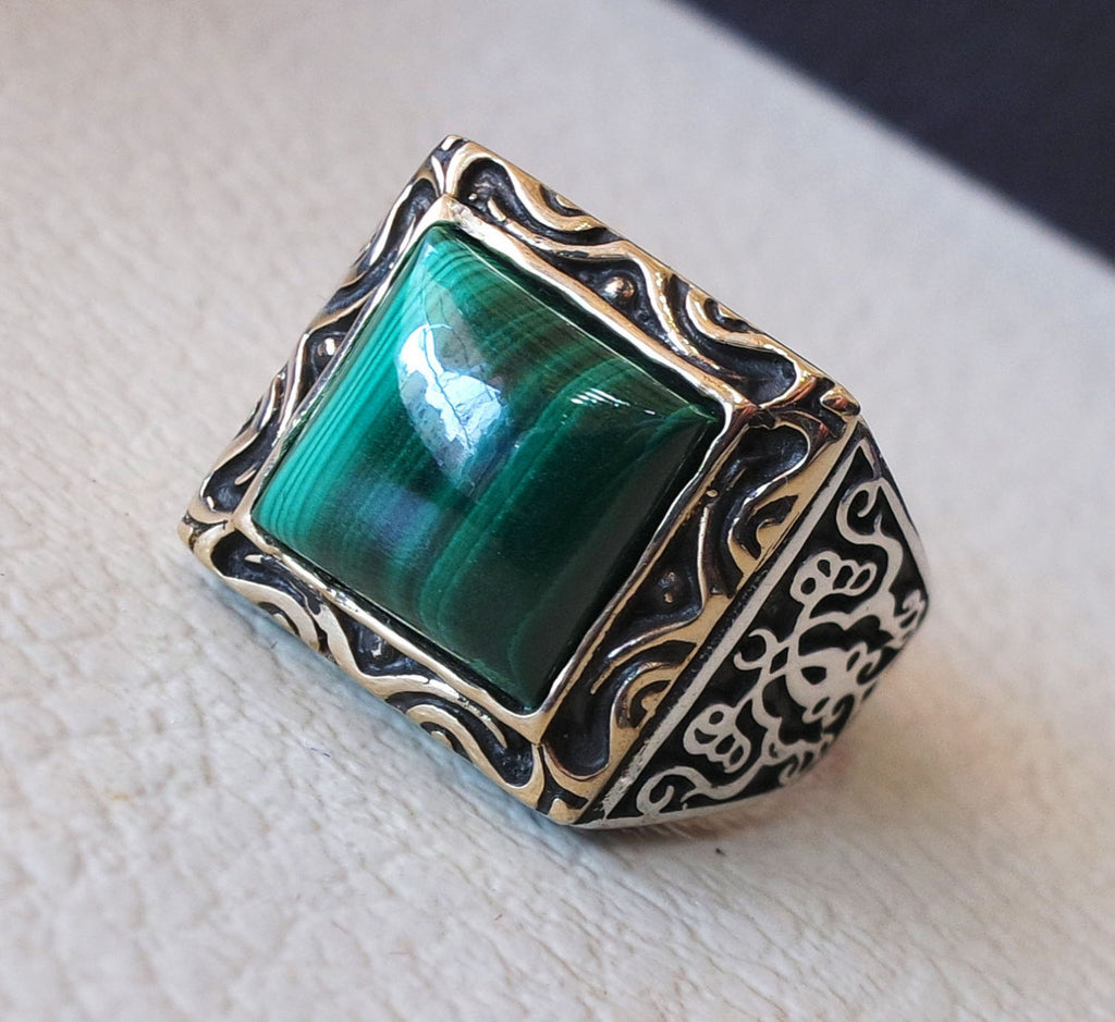 carré naturel malachite de haute qualité pierre verte lourde argent sterling 925 homme anneau bronze cadre n'importe quelle taille bijoux style ottoman