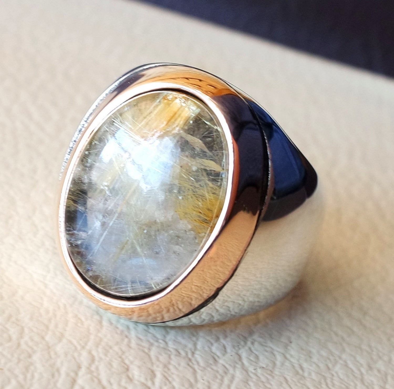 Golden rutile quartz natural stone semi precious oval cabochon sterling silver 925 huge man ring ottoman turkey style any size bronze frame