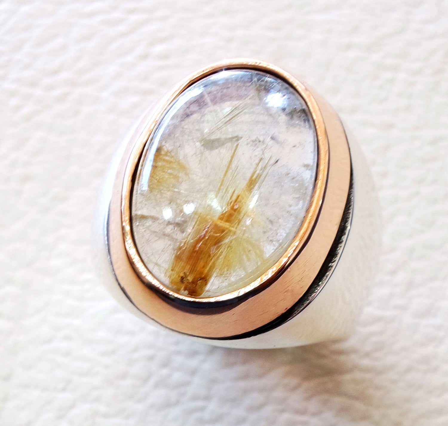 Golden rutile quartz natural stone semi precious oval cabochon sterling silver 925 huge man ring ottoman turkey style any size bronze frame