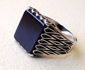 men's ring black natural rectangular flat onyx black agate aqeeq sterling silver 925 all size middle eastern oriental style fast shipping