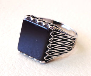 men's ring black natural rectangular flat onyx black agate aqeeq sterling silver 925 all size middle eastern oriental style fast shipping