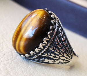 tiger eye semi precious natural stone men ring sterling silver 925 and bronze jewelry handmade arabic turkey ottoman style any size