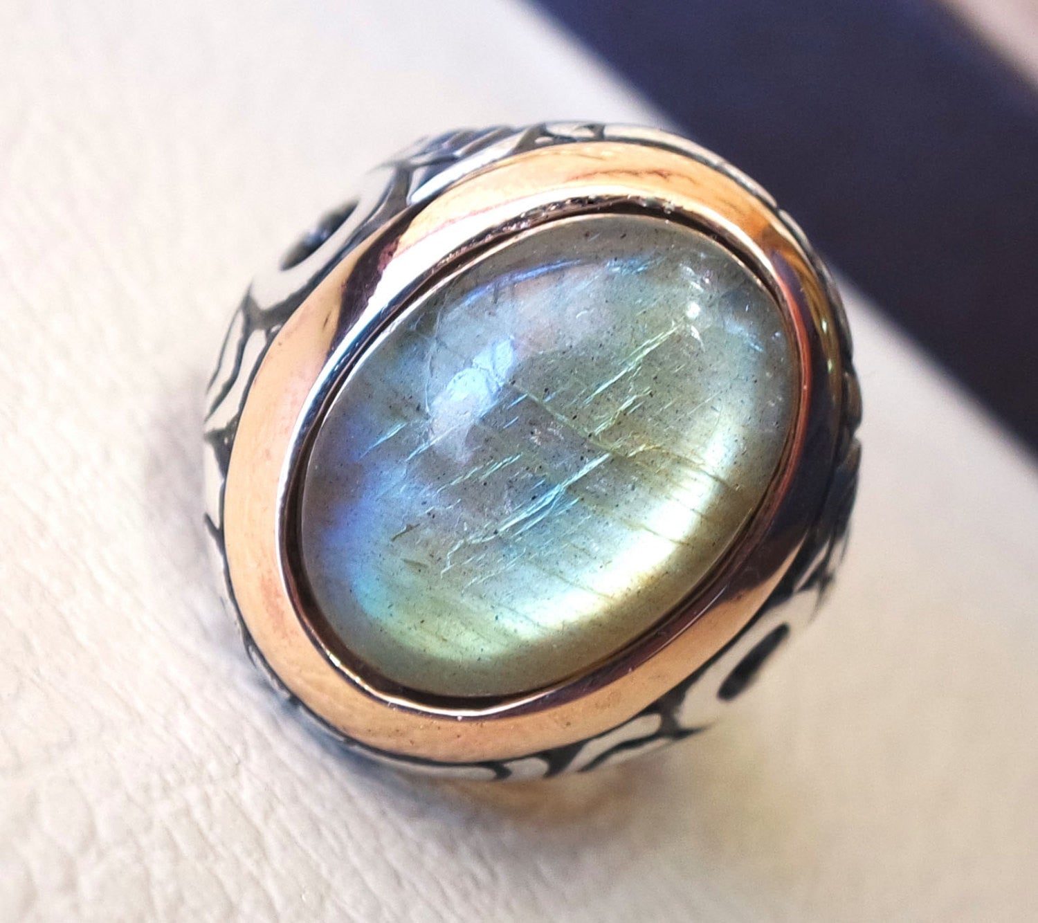 Labradorite man ring natural stone multi color semi precious stone hea –  Abu Mariam Jewelry