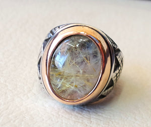 Rutile quartz natural stone semi precious oval cabochon sterling silver 925 man ring ottoman turkey middle eastern antique style any size