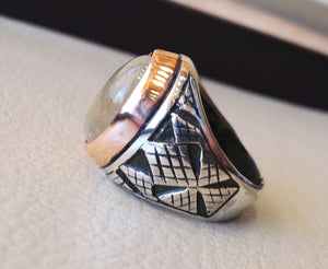Rutile quartz natural stone semi precious oval cabochon sterling silver 925 man ring ottoman turkey middle eastern antique style any size