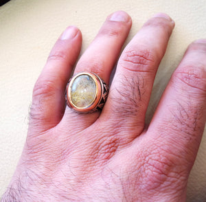Rutile quartz natural stone semi precious oval cabochon sterling silver 925 man ring ottoman turkey middle eastern antique style any size