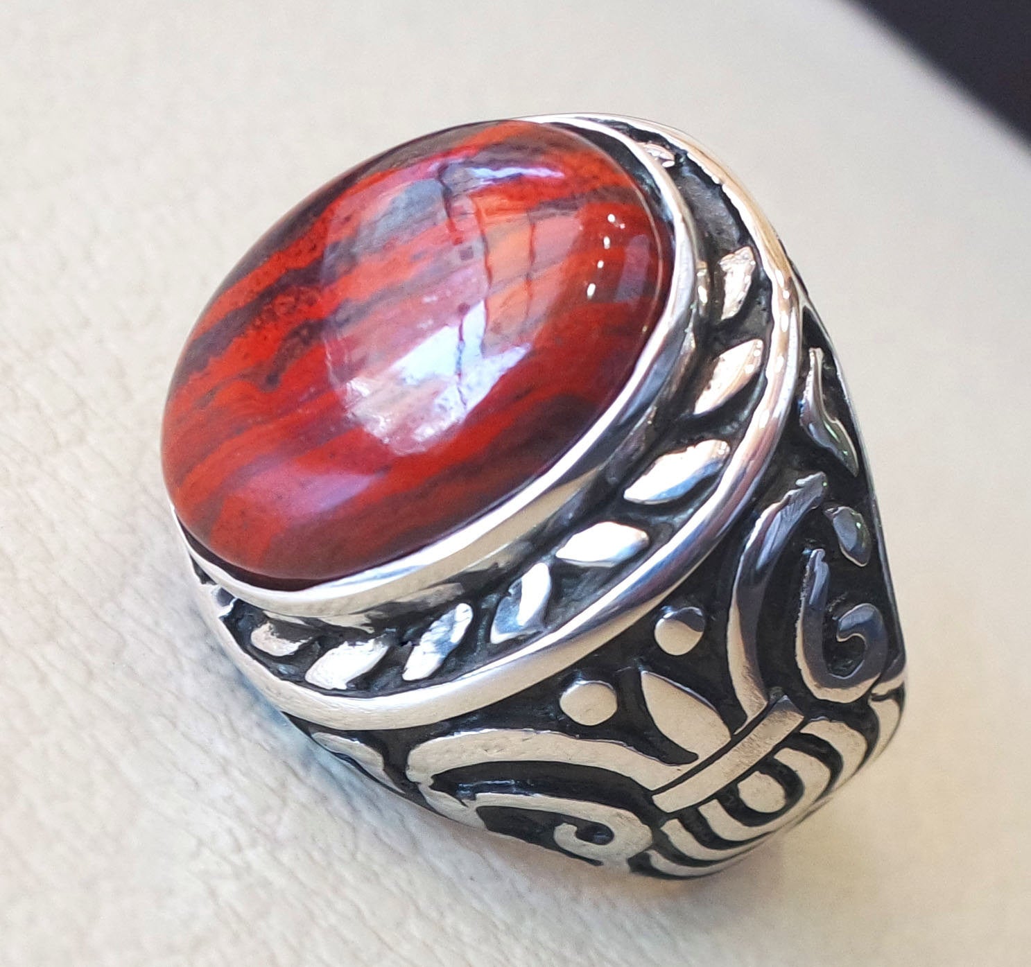 snake skin jasper stone natural gem sterling silver 925 ring red and black oval semi precious cabochon man huge ring jewelry fast shipping