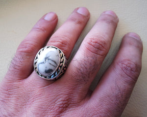 blanc turquoise howalite naturel Agate ovale cabochon Stone Big Men Ring sterling silver 925 toutes tailles antiquités bijoux ottoman expédition rapide