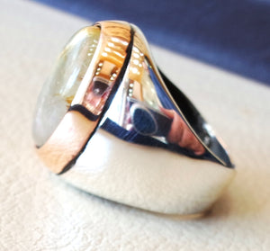 Golden rutile quartz natural stone semi precious oval cabochon sterling silver 925 huge man ring ottoman turkey style any size bronze frame