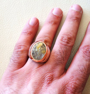 Golden rutile quartz natural stone semi precious oval cabochon sterling silver 925 huge man ring ottoman turkey style any size bronze frame