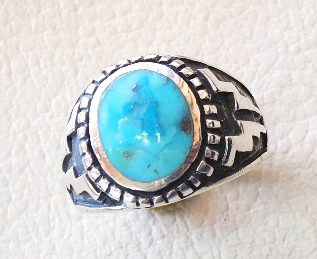 restructuré naturel turquoise ovale bleu Pierre Sterling argent 925 anneau de l'homme n'importe quelle taille moyen orientale bijoux de style ottoman