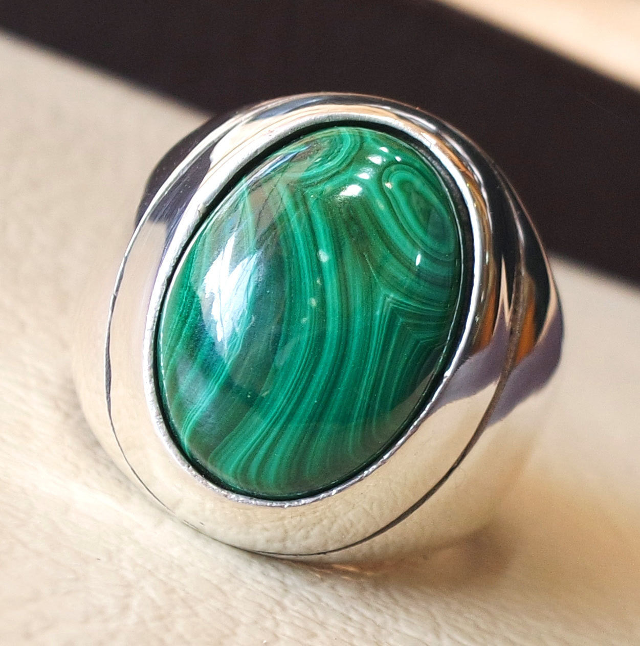 énorme malachite naturel vert Pierre Sterling argent 925 anneau bijoux oriental turc arabe style ovale semi précieux cabochon rapide expédition