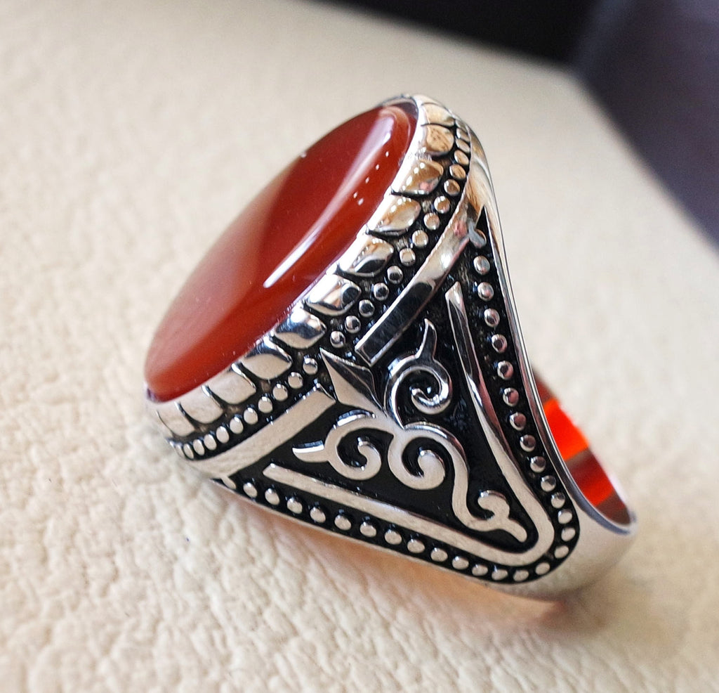 Aqeeq natural Flat Agate cornaline semi précieux Pierre ovale rouge cabochon GEM Man Ring sterling silver 925 arabe moyen oriental Turquie style