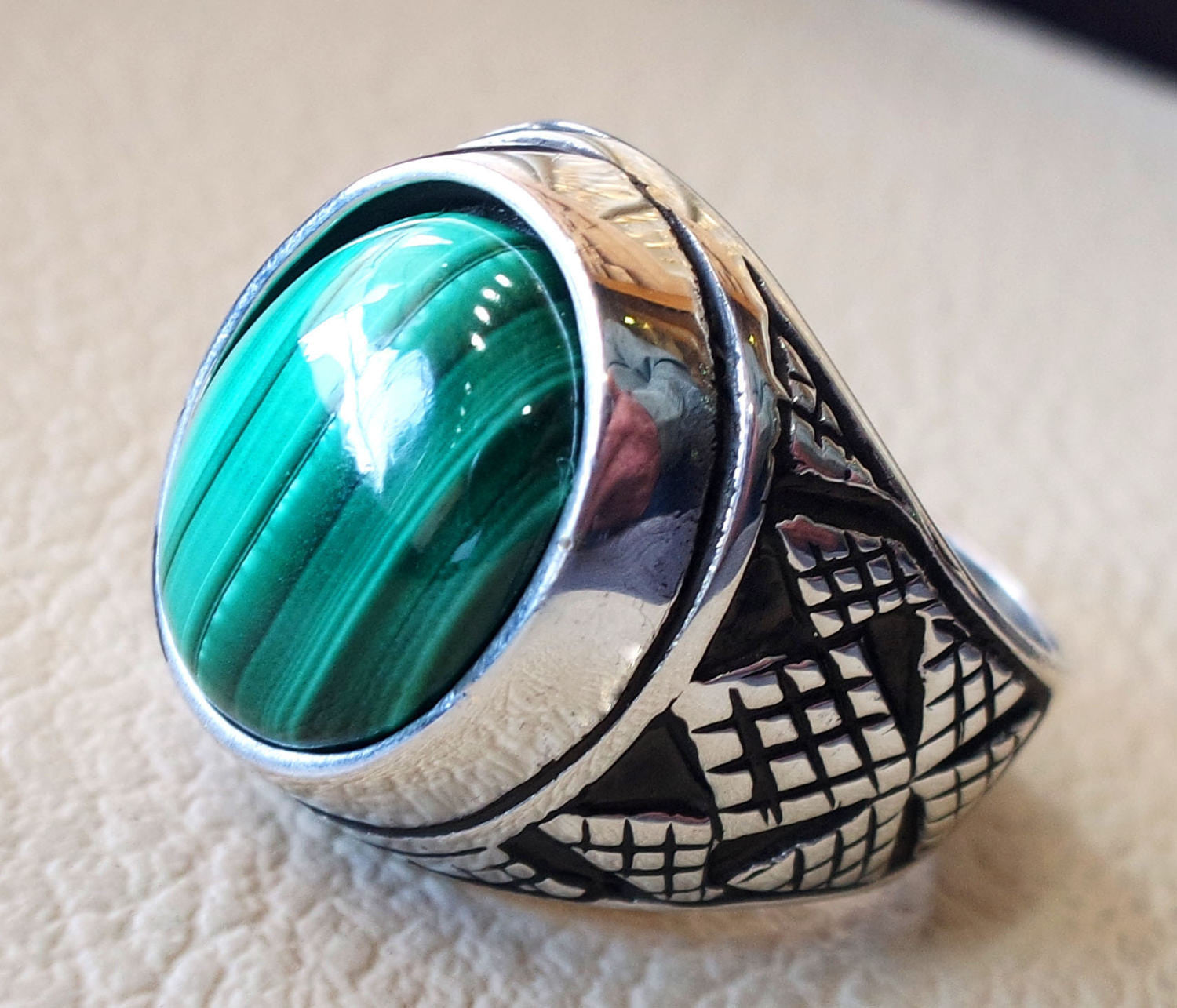 malachite naturel vert Pierre Sterling argent 925 homme anneau bijoux oriental turc arabe style ovale semi precieux cabochon raye GEM