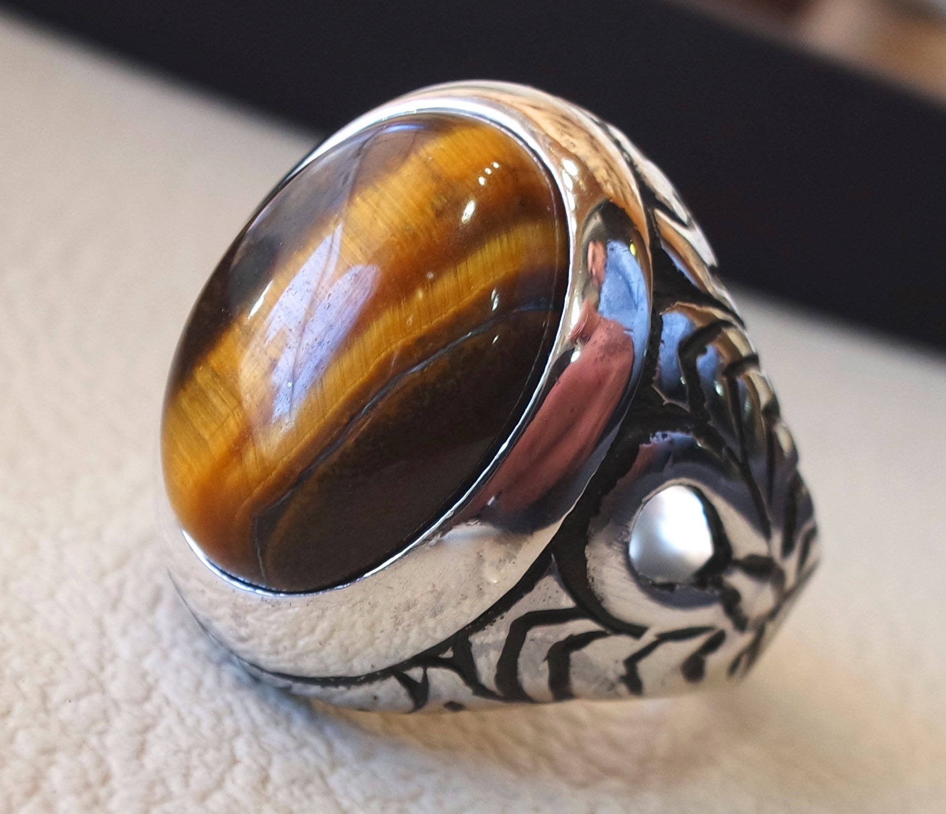 les hommes lourds anneau Tiger Eye chat naturel cabochon semi précieux ovale en pierre ottoman antique arabe style Two Tone sterling silver 925