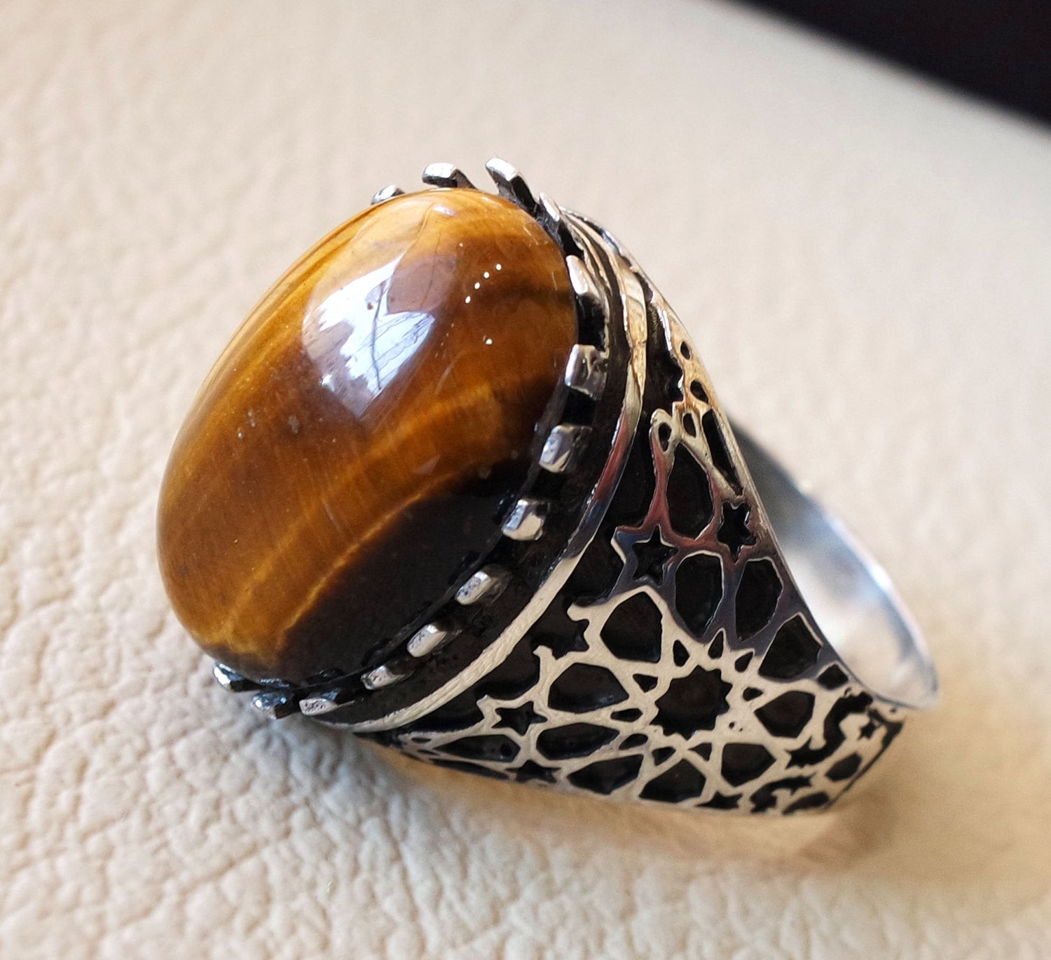 cat eye tiger eye semi precious natural cabochon stone men ring sterling silver 925 any size oriental ornament middle eastern arabic jewelry