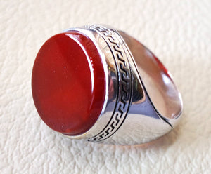 Aqeeq agate carnelian man ring sterling silver 925 red natural round flat semi precious  all sizes fast shipping middle eastern jewelry