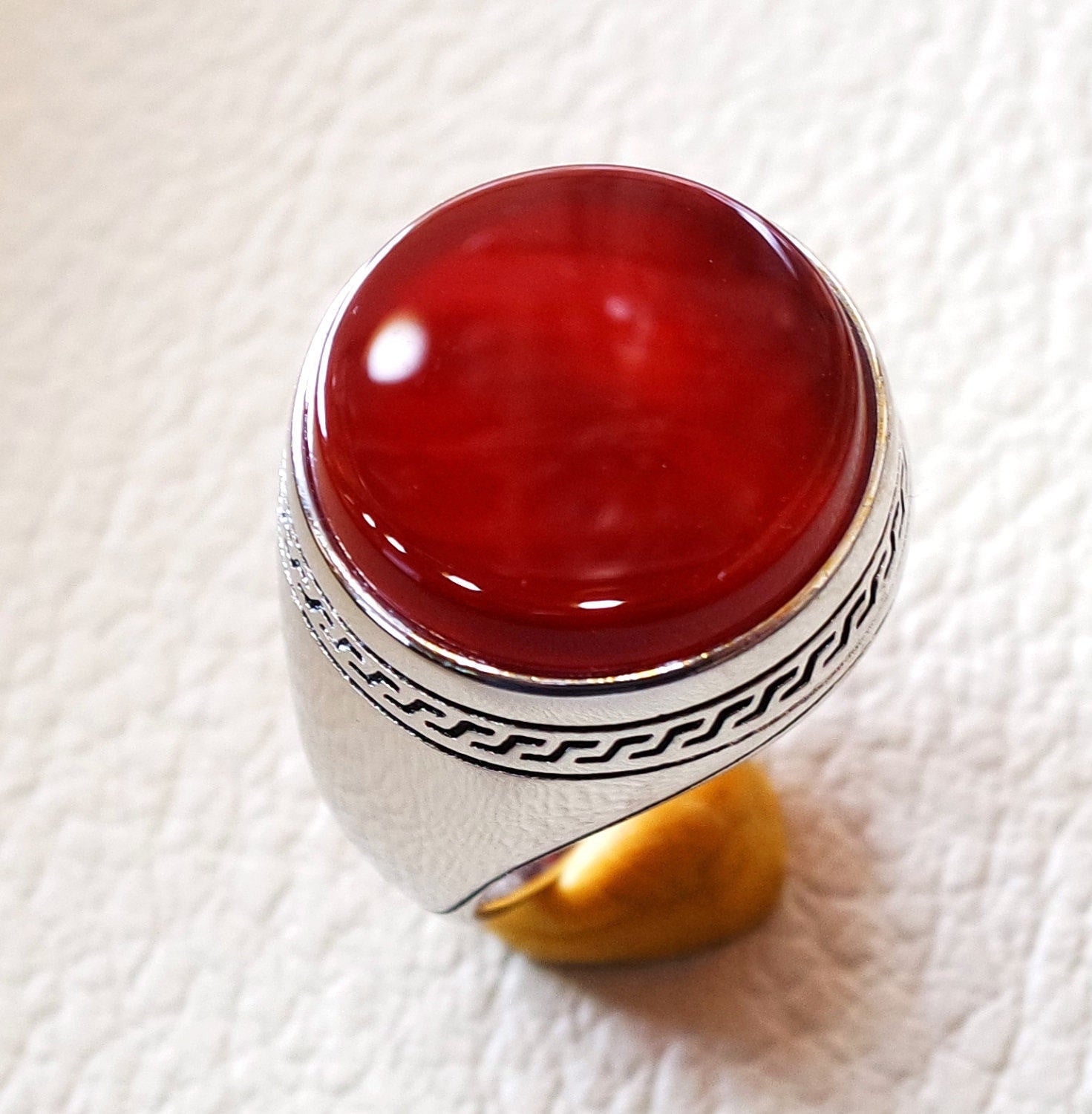 Aqeeq agate carnelian man ring sterling silver 925 red natural round flat semi precious  all sizes fast shipping middle eastern jewelry