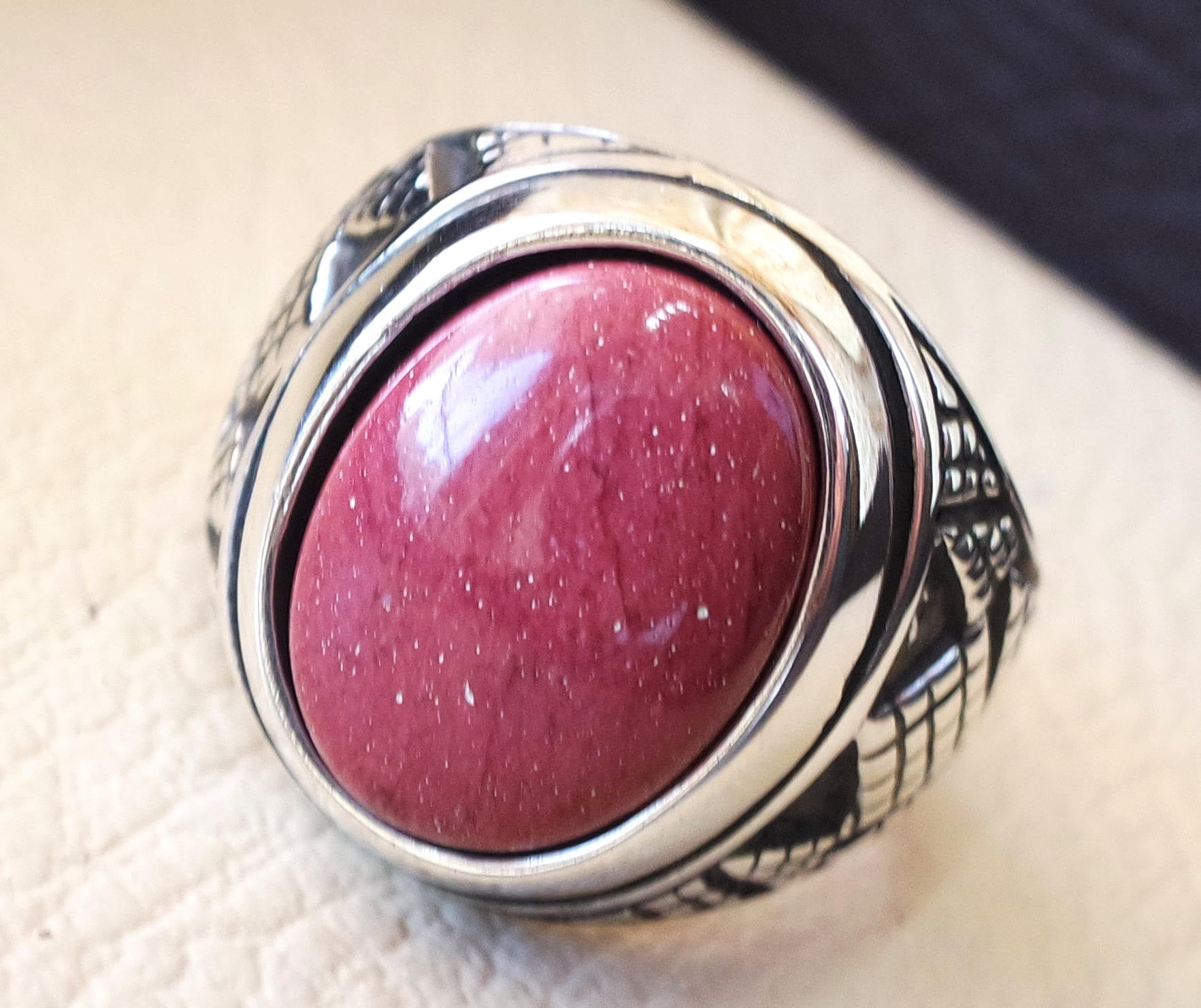 Red Rose Mookaite Jasper Aqeeq Natural Stone sterling silver 925 Heavy Men Ring Vintage arabe style ottoman toutes les tailles expédition rapide