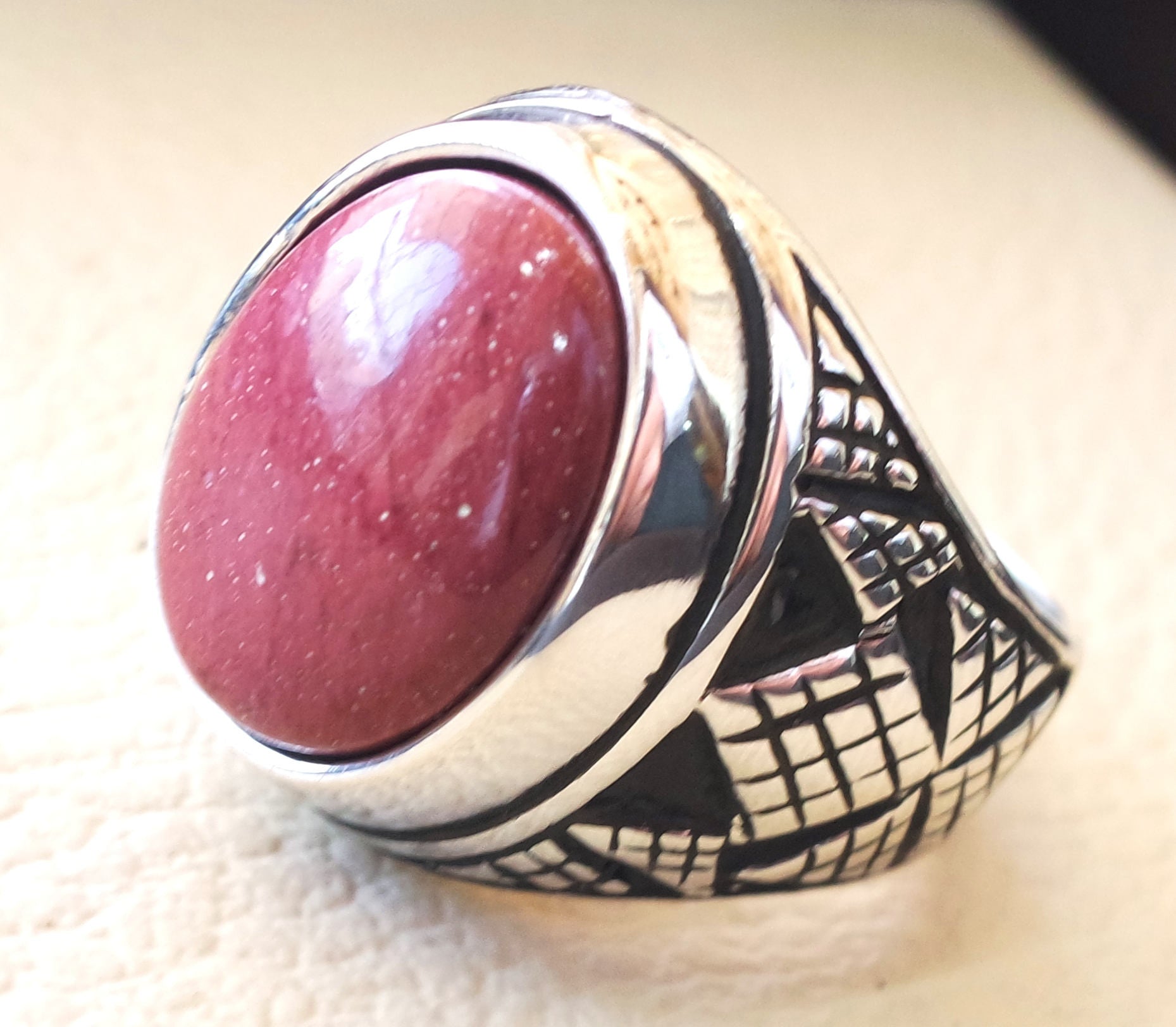 Red Rose Mookaite Jasper Aqeeq Natural Stone sterling silver 925 Heavy Men Ring Vintage arabe style ottoman toutes les tailles expédition rapide