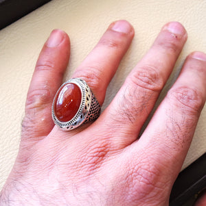 aqeeq man ring natural liver agate carnelian semi precious stone oval red gem heavy sterling silver arabic middle eastern turkey style