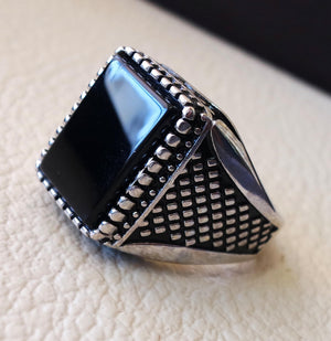 Black aqeeq ring Rectangular silver onyx flat natural semi precious agate gemstone men sterling silver 925 jewelry all sizes fast shipping