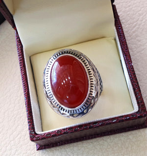 aqeeq man ring natural liver agate carnelian semi precious stone oval red gem heavy sterling silver arabic middle eastern turkey style