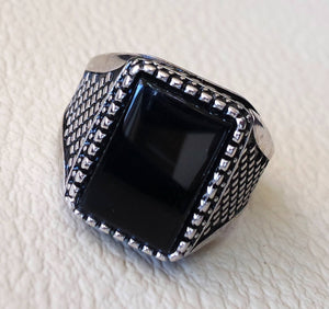 Black aqeeq ring Rectangular silver onyx flat natural semi precious agate gemstone men sterling silver 925 jewelry all sizes fast shipping