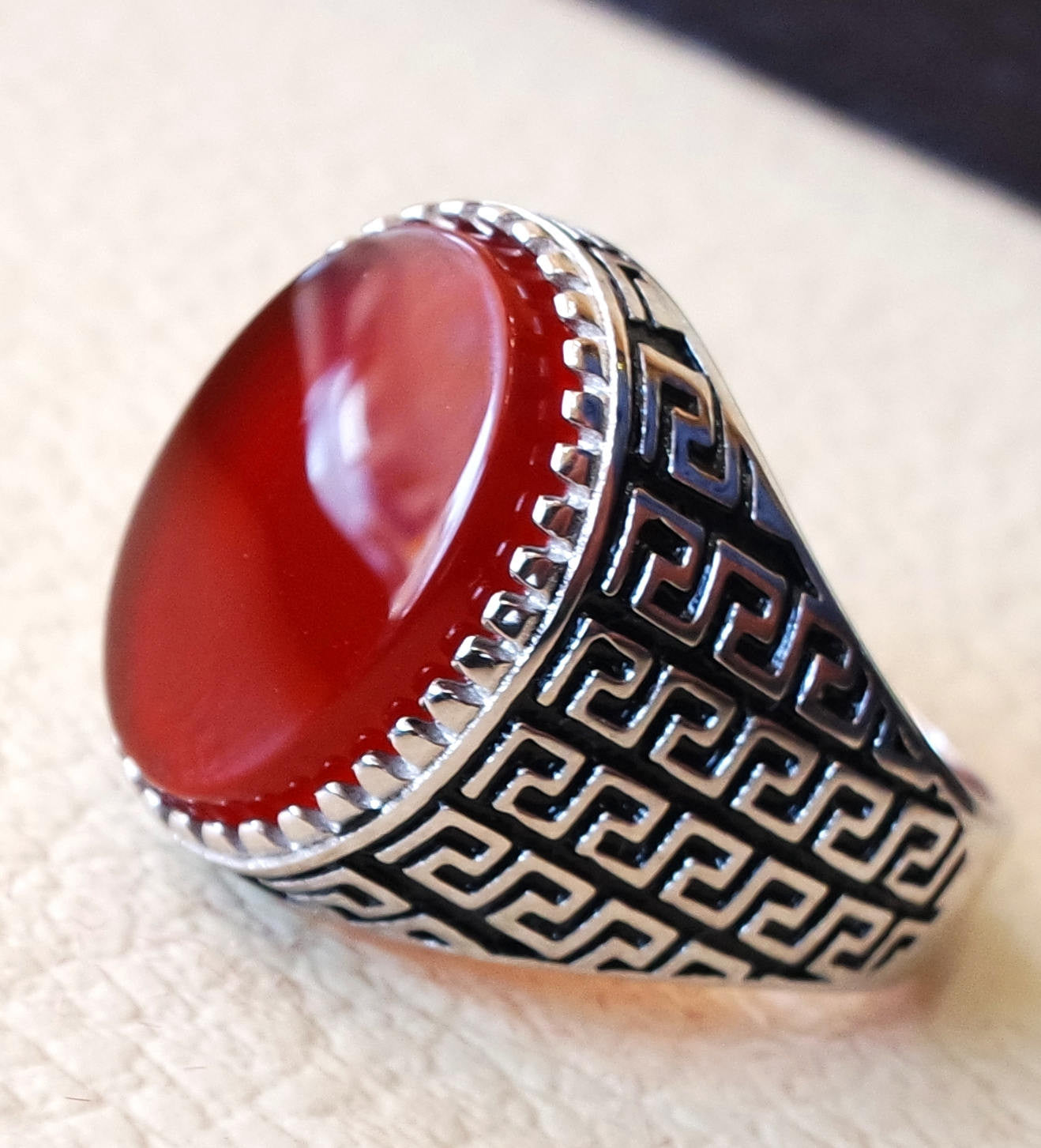 man ring sterling silver 925 aqeeq natural flat agate carnelian semi precious stone oval red cabochon gem arabic middle eastern turkey style