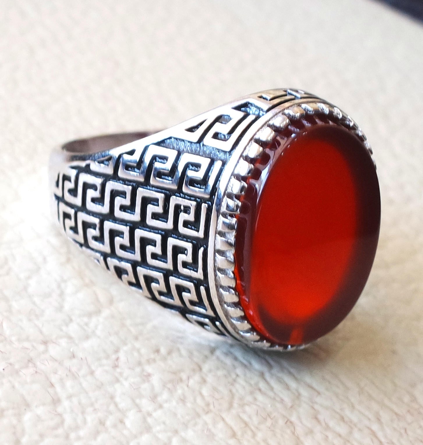 man ring sterling silver 925 aqeeq natural flat agate carnelian semi precious stone oval red cabochon gem arabic middle eastern turkey style