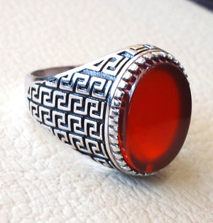 man ring sterling silver 925 aqeeq natural flat agate carnelian semi precious stone oval red cabochon gem arabic middle eastern turkey style