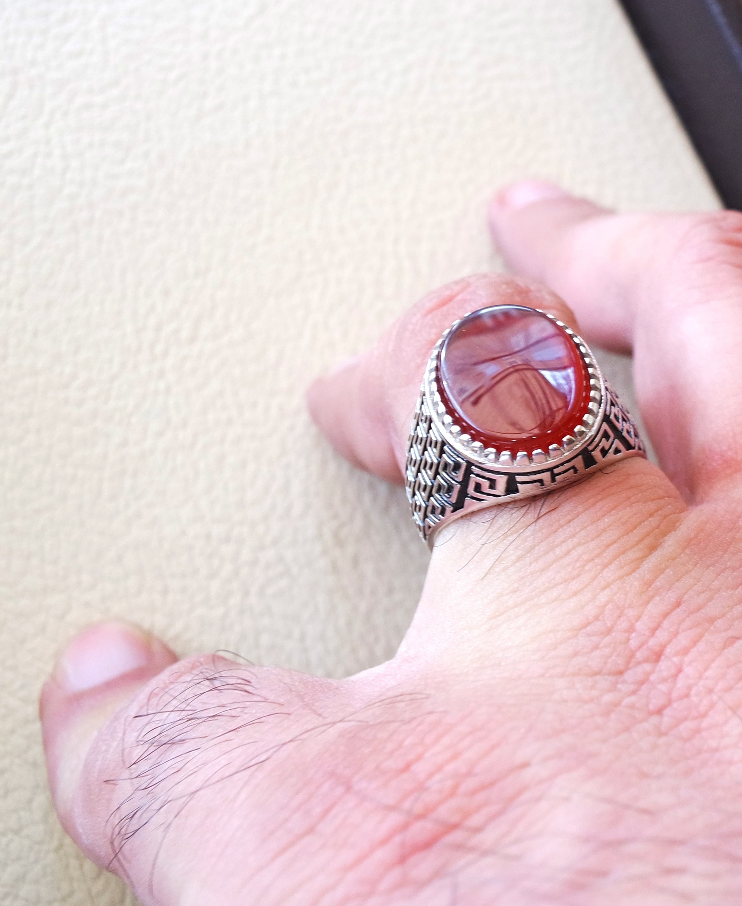 man ring sterling silver 925 aqeeq natural flat agate carnelian semi precious stone oval red cabochon gem arabic middle eastern turkey style